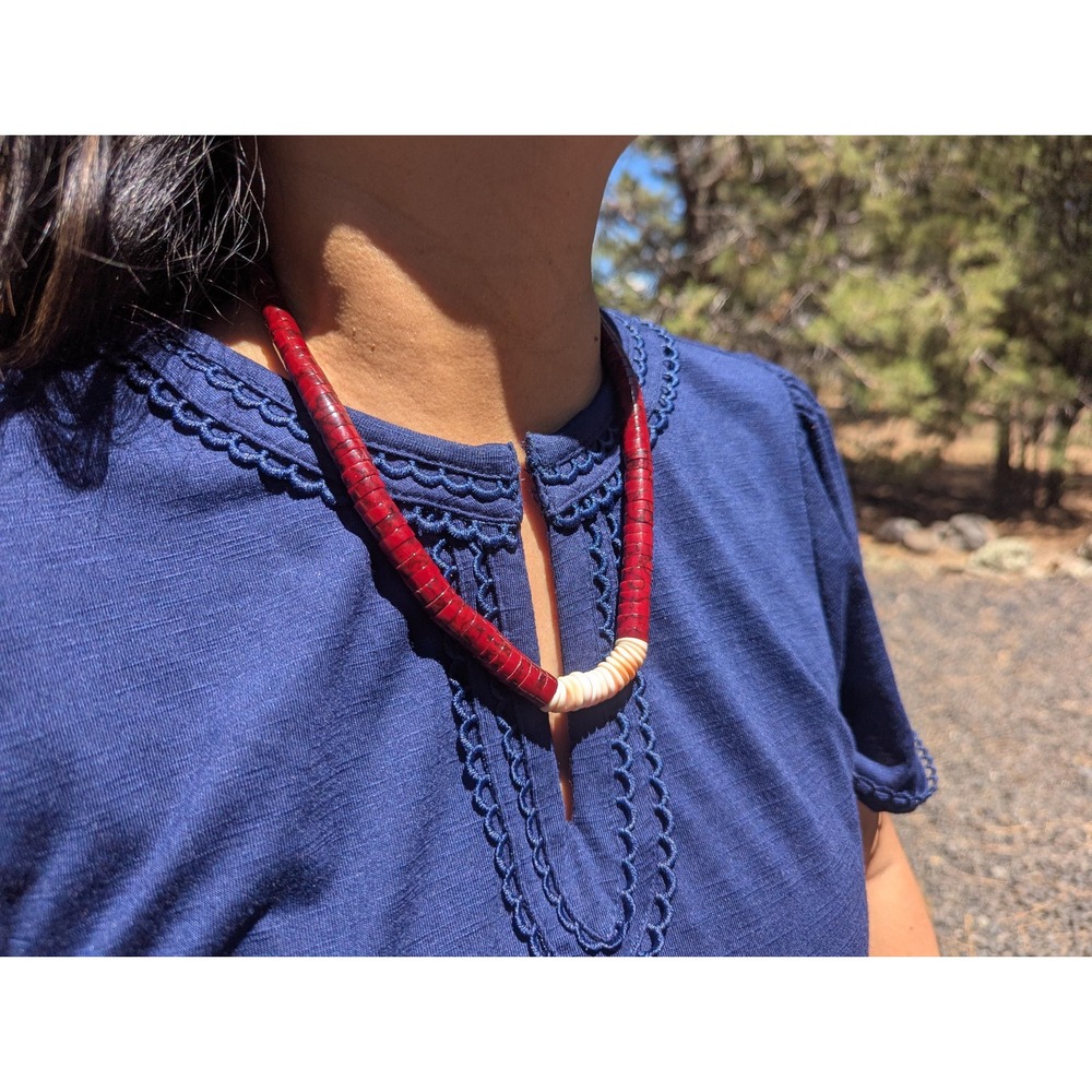 Navajo Dyed‎ Turquoise Rondelle Beads Necklace w/ Melo Lip Shell Jewelry **